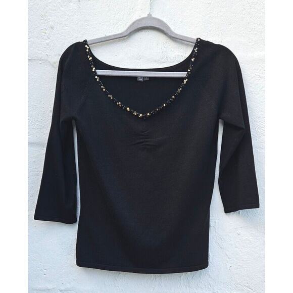 Muse Vintage 90s Top Womens 8 Med Black Silk Nylon Stretch V Neck Sequin Shirt - Picture 7 of 16